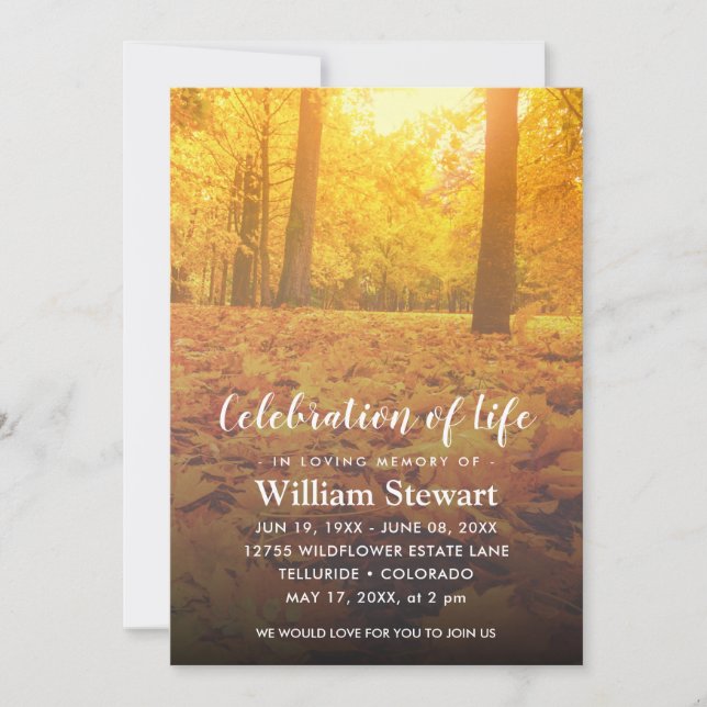 Modern Funeral | Celebration of Life Autumn forest Invitation (Front)