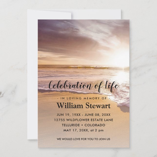 Modern Funeral | Celebration of Life Beach Sunset Invitation (Front)