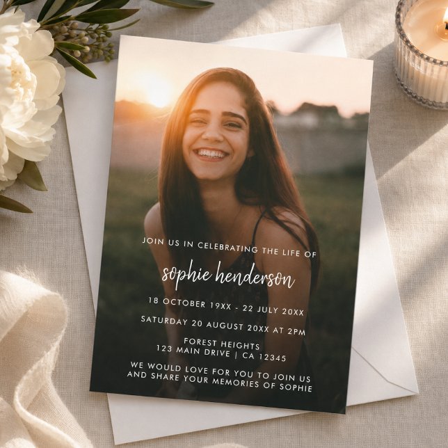 Modern Funeral | Celebration of Life Photo Invitation (Personalized funeral invitation with photo for celebration of life and memorial service details.)