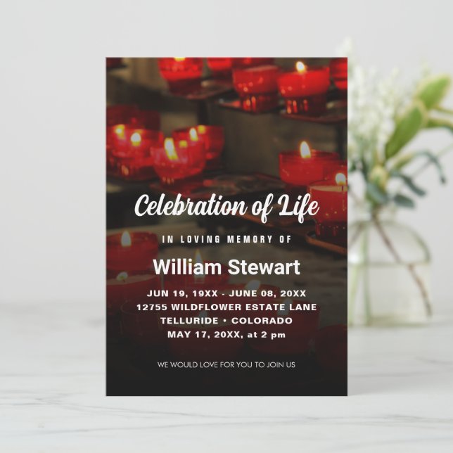 Modern Funeral | Celebration of Life Red Candles Invitation (Standing Front)