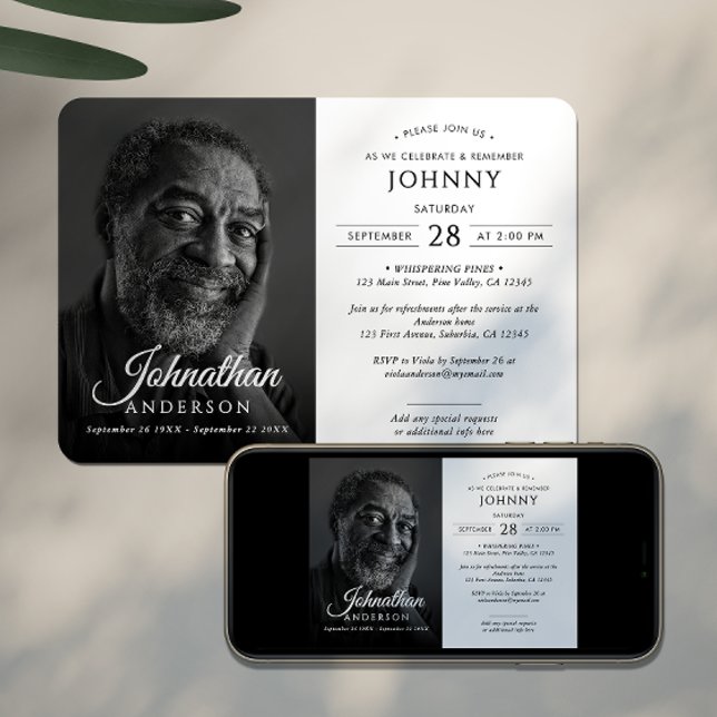 Modern Funeral Memorial Celebration of Life Photo Invitation (Creator Uploaded)