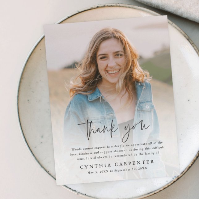 Modern Funeral Memorial Photo  Thank You Card (Modern script simple photo memorial thank you card.)