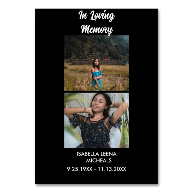 Modern Funeral Personalised 2 Photo Memorial Table Number (Front)