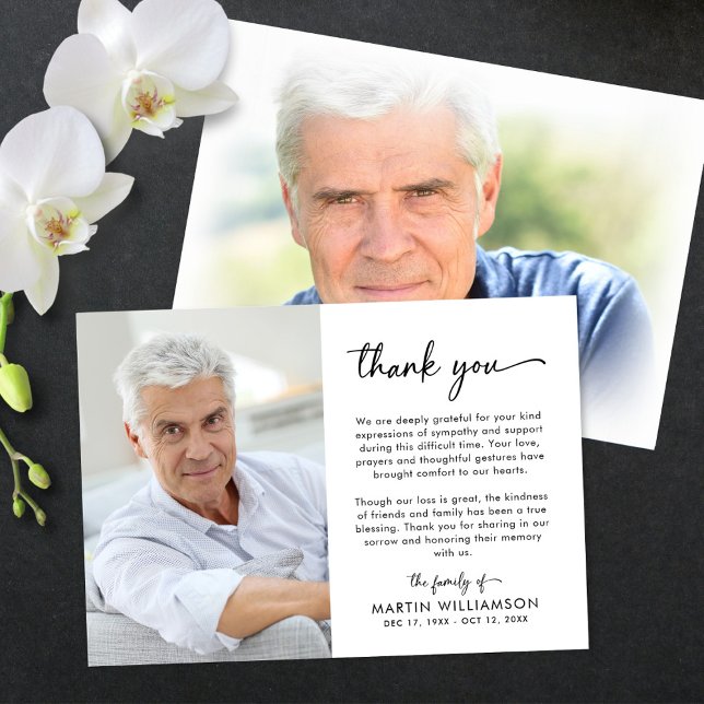 Modern Funeral Script Thank You 2 Photos Card (Creator Uploaded)