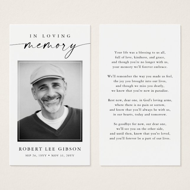 Modern Funeral Sympathy Photo Memorial Prayer Card (Front & Back)
