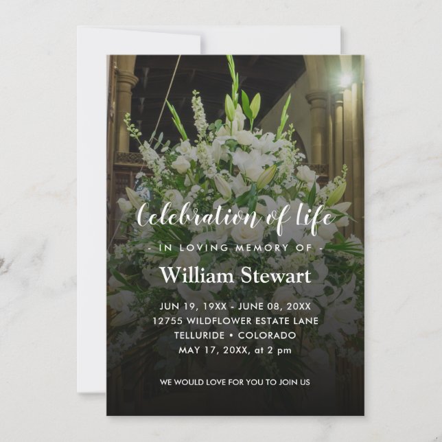 Modern Funeral | White Flowers Celebration of Life Invitation (Front)