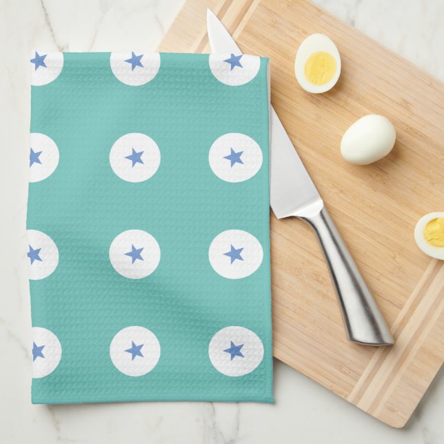 Modern Funky Blue Star Changeable Background Tea Towel (Quarter Fold)