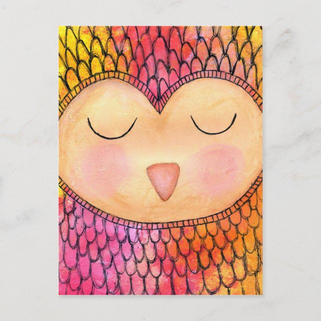 Modern Funky Sleepy Owl Mixed Media Painting Postcard (Front)