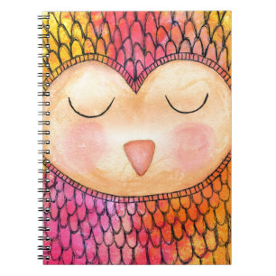 Modern Funky Sleepy Owl Mixed Media Painting Spiral Notebook