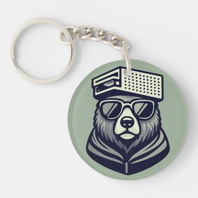 Modern Funny Bear With Cheese Grater Hat Green Key Ring (Front)