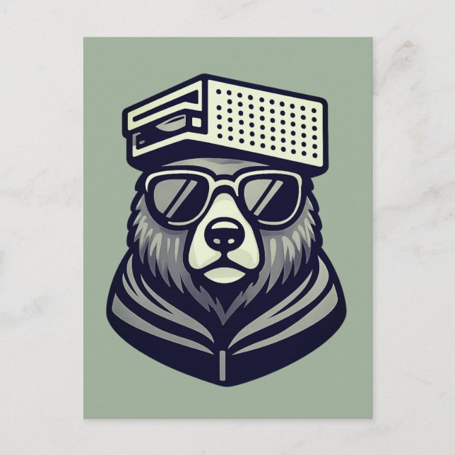 Modern Funny Bear With Cheese Grater Hat Green Postcard (Front)
