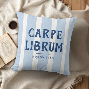 Modern Funny Book Lover's Quote Blue Striped Cushion