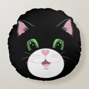 Modern funny cute tuxedo cat face cartoon round cushion