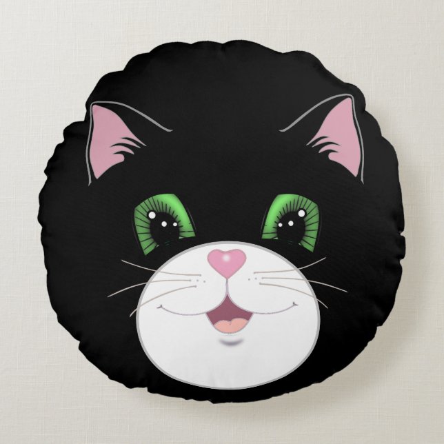 Modern funny cute tuxedo cat face cartoon round cushion (Front)