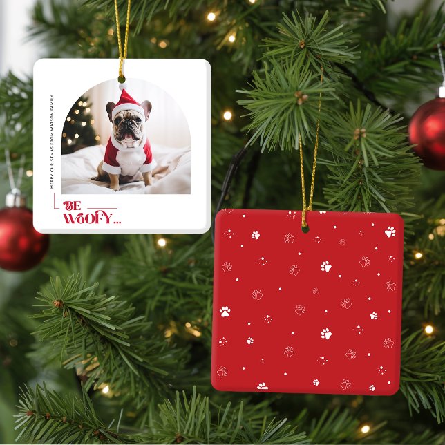 Modern Funny Family Pet Dog Arch Photo Christmas Ceramic Ornament (Creator Uploaded)
