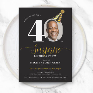 Modern Funny Hat Photo Surprise 40th Birthday Invitation
