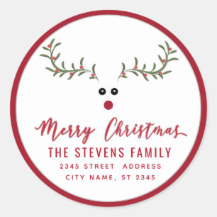 Modern funny holly reindeer script Merry Christmas Classic Round Sticker
