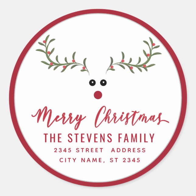 Modern funny holly reindeer script Merry Christmas Classic Round Sticker (Front)