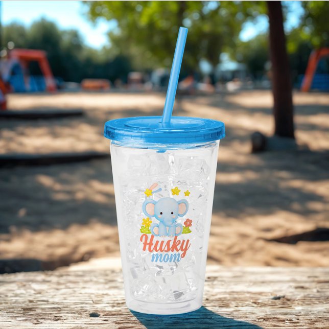 Modern Funny Husky Mum Cute Elephant Acrylic Tumbler (Husky mom tumbler)