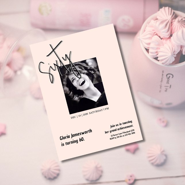 Modern Funny Light Pink Photo 60th Birthday  Invitation (Creator Uploaded)