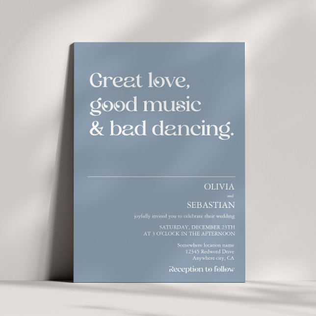 Modern Funny Minimal Typography Dusty Blue Wedding Invitation (Creator Uploaded)