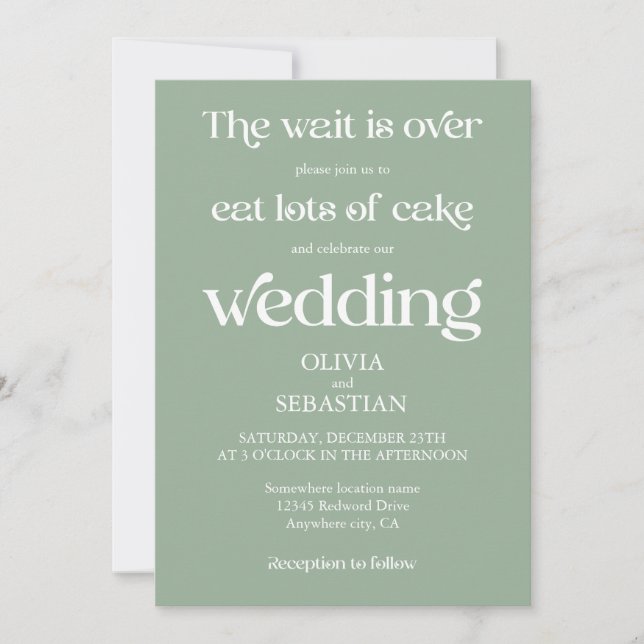 Modern Funny Minimalist Script Sage Green Wedding Invitation (Front)