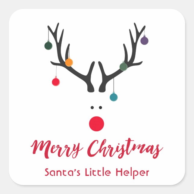 Modern funny Santas helper reindeer on white Square Sticker (Front)