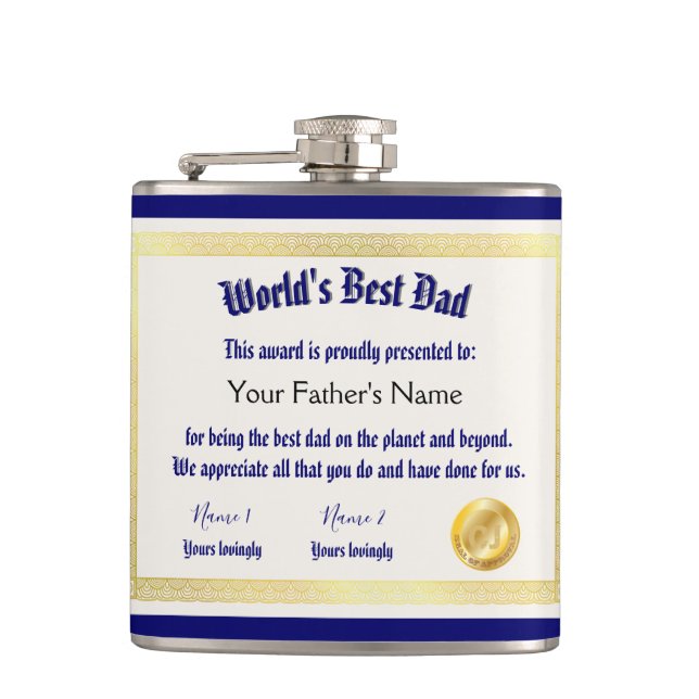 Modern Funny World's Best Dad Certificate  Hip Flask (Front)
