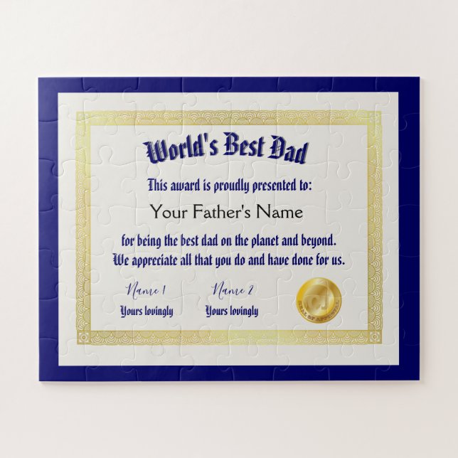 Modern Funny World's Best Dad Certificate  Jigsaw Puzzle (Horizontal)