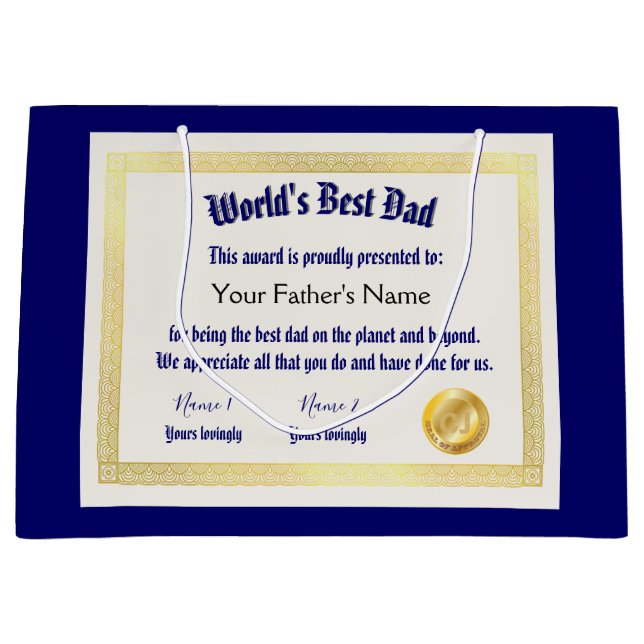 Modern Funny World's Best Dad Certificate  Large Gift Bag (Front)