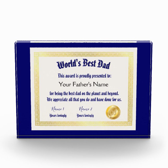 Modern Funny World's Best Dad Certificate  Photo Block (Front)
