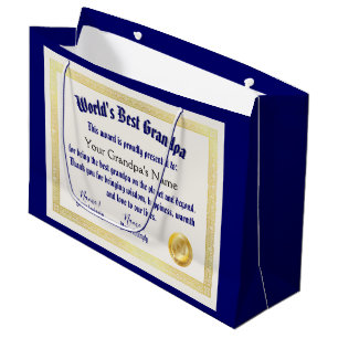 Modern Funny World's Best Grandpa Certificate Large Gift Bag