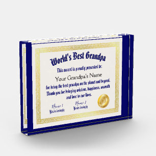 Modern Funny World's Best Grandpa Certificate Photo Block