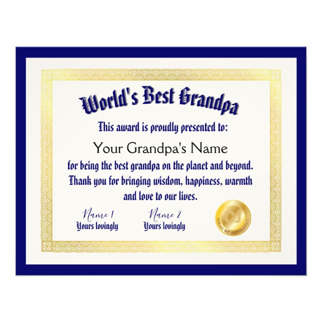 Modern Funny World's Best Grandpa Certificate Photo Print (Front)