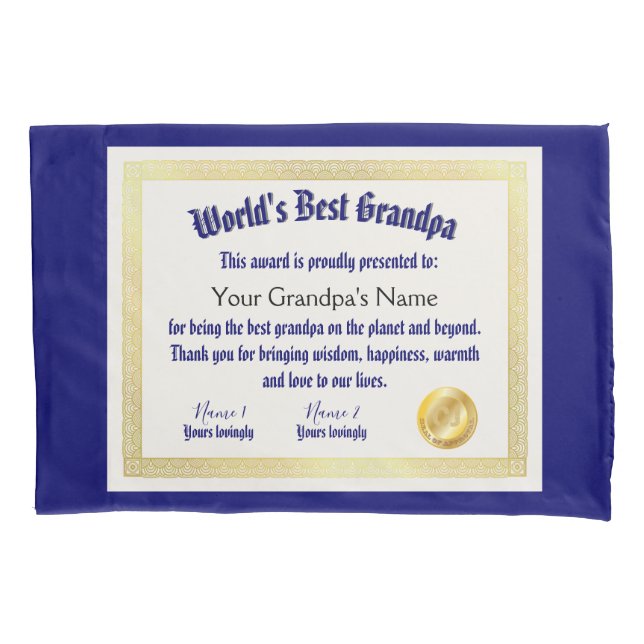 Modern Funny World's Best Grandpa Certificate Pillowcase (Front)