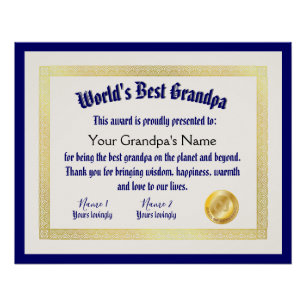 Modern Funny World's Best Grandpa Certificate Poster