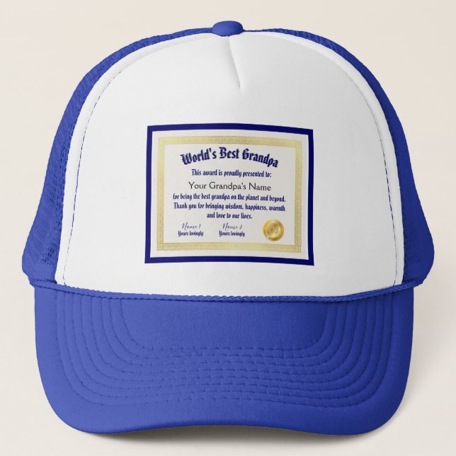 Modern Funny World's Best Grandpa Certificate Trucker Hat (Front)