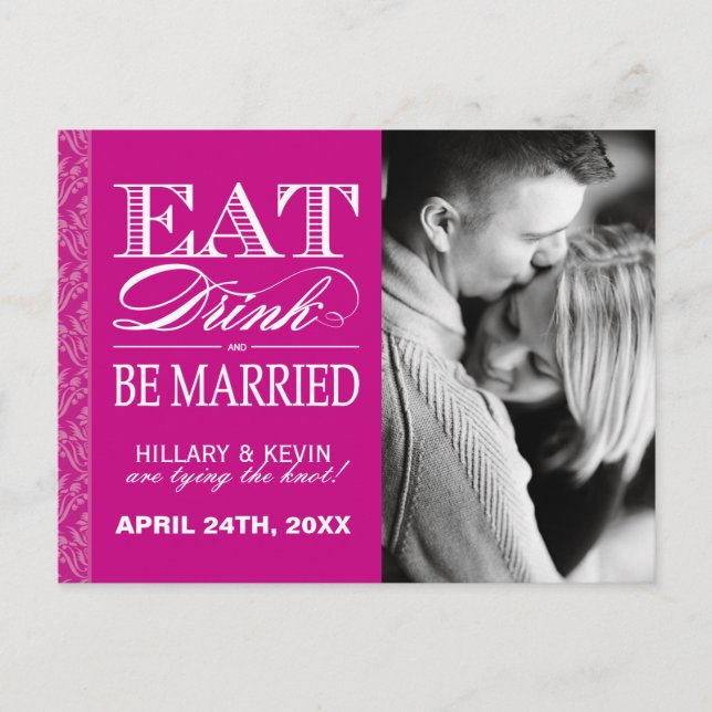 Modern Fuschia Damask Save the Date Announcement Postcard (Front)