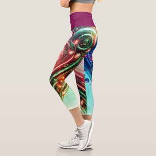 Modern Futuristic Glowing Green and Pink Heart Capri Leggings