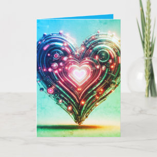 Modern Futuristic Glowing Green and Pink Heart Card