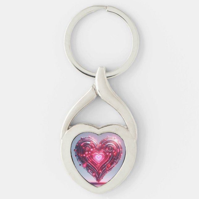 Modern Futuristic Glowing Pink Heart  Key Ring (Front)