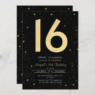 Modern Galaxy Black Gold Sweet 16th Birthday Party Invitation