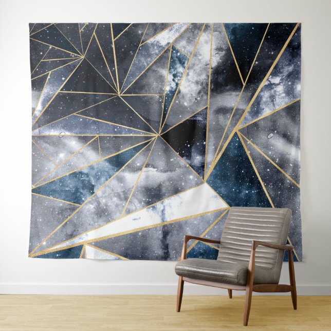 Modern Galaxy Nebula Geometric Gold Triangles Tapestry (In Situ (Horizontal))