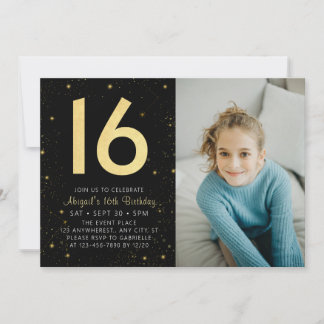 Modern Galaxy Photo Black Gold 16th Birthday Party Invitation