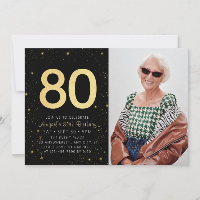 Modern Galaxy Photo Black Gold 80th Birthday Party Invitation (Front)