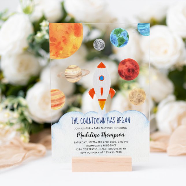 Modern Galaxy Planets Space Rocket Baby Shower Acrylic Invitations (Creator Uploaded)