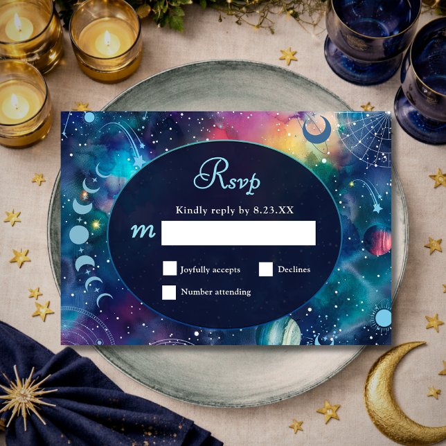 Modern galaxy space moon phases celestial wedding RSVP card (Creator Uploaded)