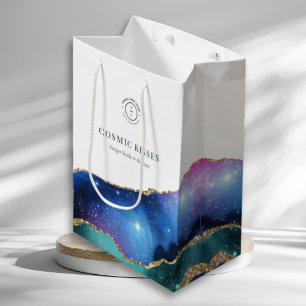 Modern Galaxy Vibrant Celestial Brand Logo White Medium Gift Bag