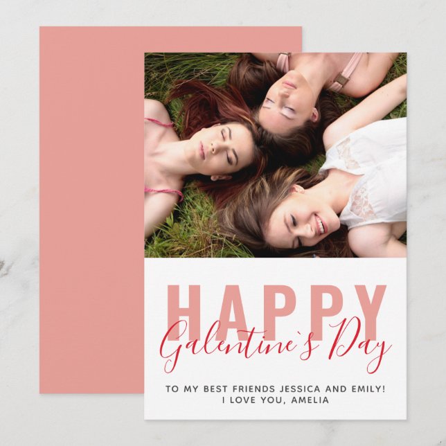Modern Galentine`s Day Friends Photo Holiday Card (Front/Back)