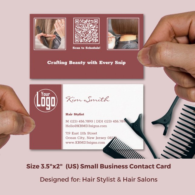 Modern Gallery QR Hair Stylist Burgundy & White  Business Card (Modern Gallery QR Hair Stylist Burgundy & White Business Card; Size 3.5x2 Inch (US))